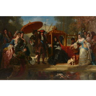 Edward Harrison May "The Arrival, Aristocratic Figures: EDWARD HARRISON MAY (English, also worked in America 1824 - 1887) The Arrival, Aristocratic figures before a reflecting pond Oil on canvas 44 x 64 1/2 inches / 111.76 x 163.83 cm Signed and dated