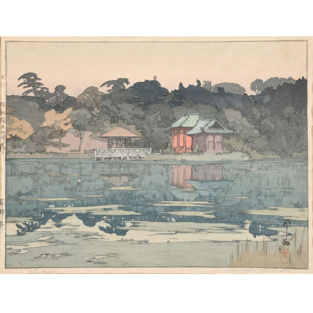 Hiroshi Yoshida (1876-1950): Woodblock Print: Hiroshi Yoshida (1876-1950): Woodblock Print Oban, entitled 'Shakujii', dated, signed, with one seal to the lower right. {9 5/8 x 14 3/4 inches (24.4 x 37.5 cm)} [Fully laid down, fading and toning]