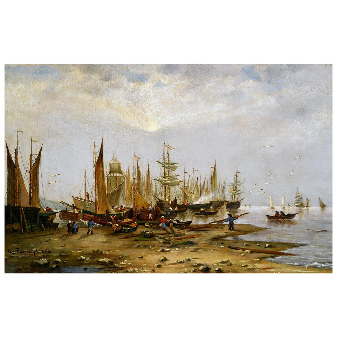 G.V. Fladnitzthal "Mooring Ships" oil on canvas (1 of 5)