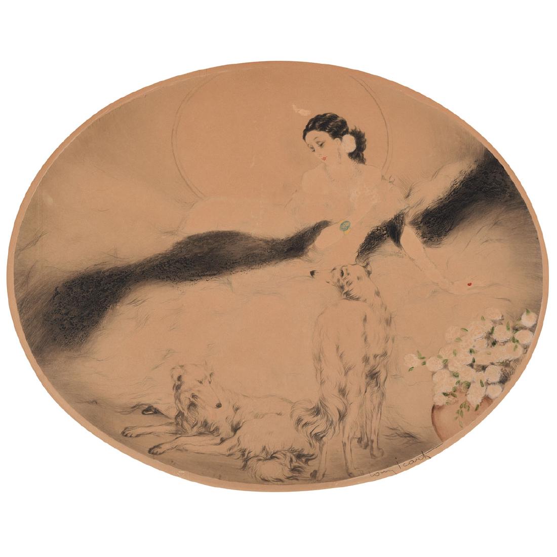 After Louis Icart "Reclining Woman with Greyhounds": AFTER LOUIS ICART (French 1888 - 1950) Reclining Woman with Greyhounds Aquatint Etching Image: 16 1/4 x 20 1/2 inches Bears signature lower right: Louis Icart
