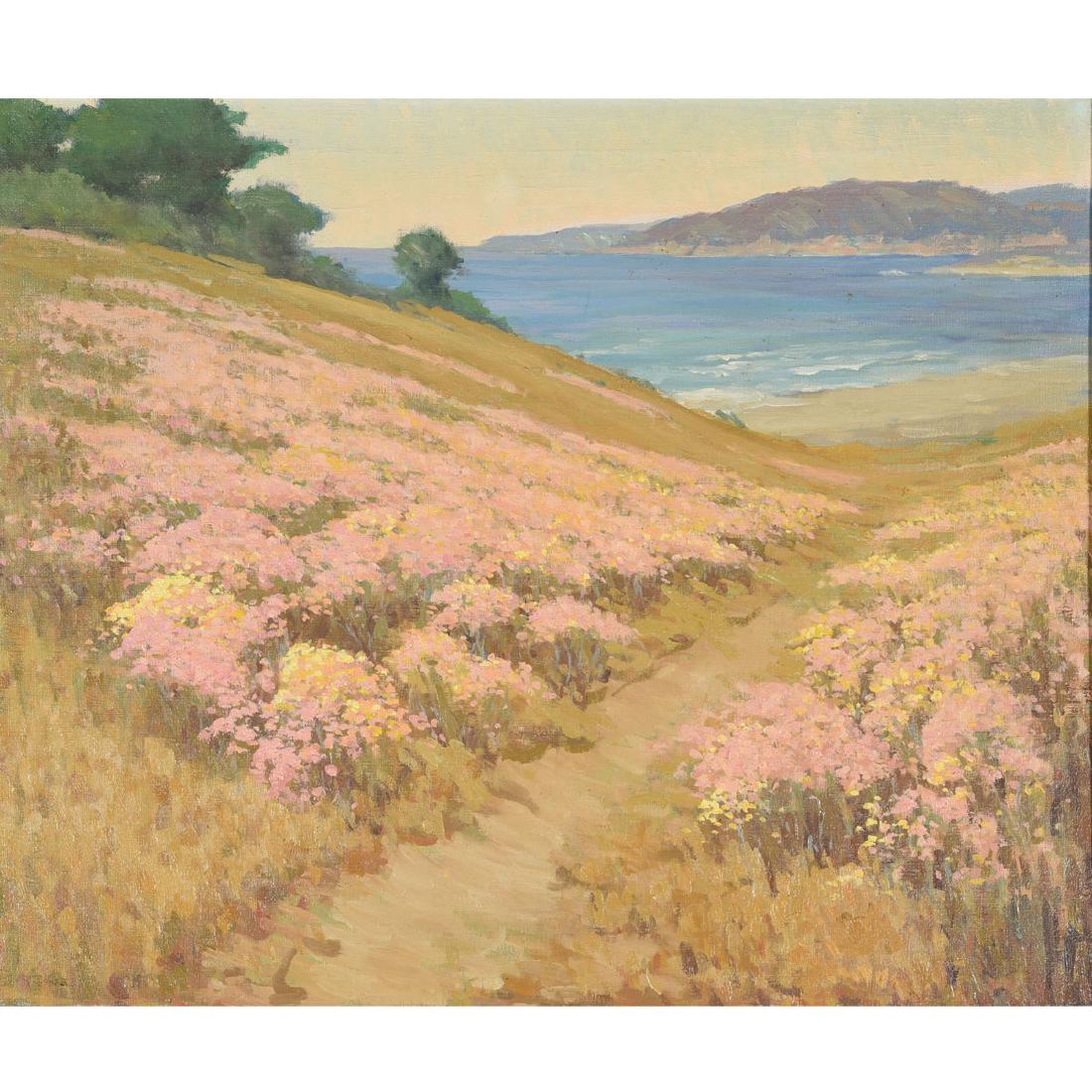 John Marshall Gamble "Wildflowers along a California: JOHN MARSHALL GAMBLE (American 1863 - 1957) "Wildflowers along a California Coastline" Oil on canvas 25 x 29 3/4 inches; Frame: 29 5/8 x 34 1/2 inches. Signed lower left: J M Gamble.