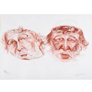 Robert Arneson "Double Head Bath" red conte crayon on: ROBERT ARNESON (Californian 1930-1992) "Double Head Bath" Red conte crayon on paper. Sight: 28 3/4 x 40 1/8 inches; Frame: 37 3/4 x 48 3/4 inches. Signed lower right: Arneson and dated lower left: 8/3