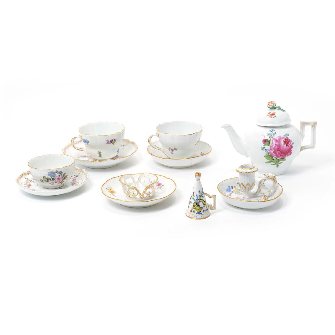 Meissen tiger chamber stick, floral teapot, 3 cups & (1 of 10)