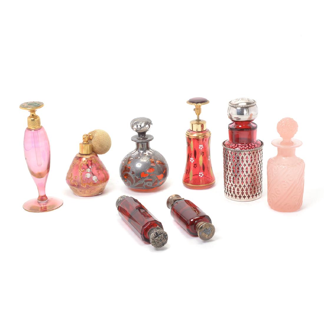Group of Eight Sterling Mounted Glass Perfume or Scent (1 of 10)