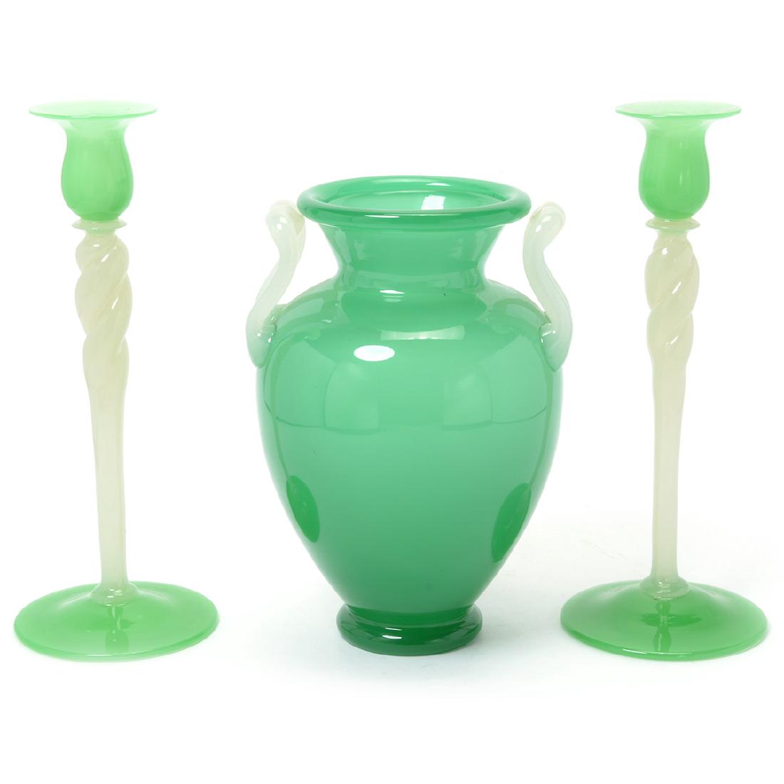 Suite of Steuben Jadeite Urn and Candlesticks (1 of 9)