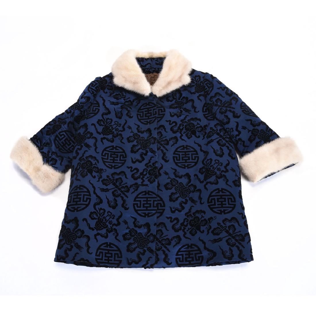 Chinese Mink Collared Blue Cut Velvet Jacket (1 of 5)