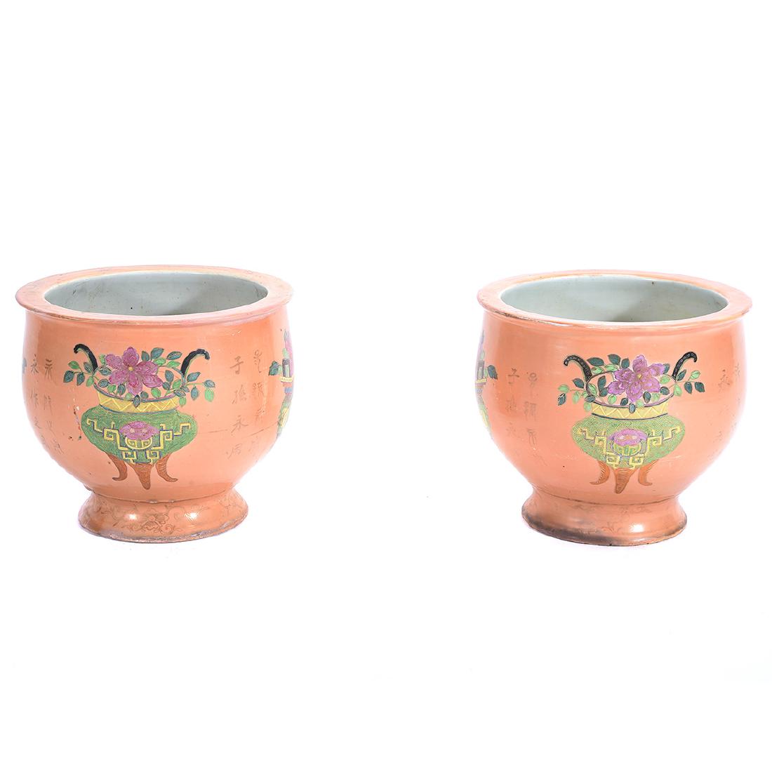 Pair of Famille Rose 'Antiques' Planters (1 of 5)