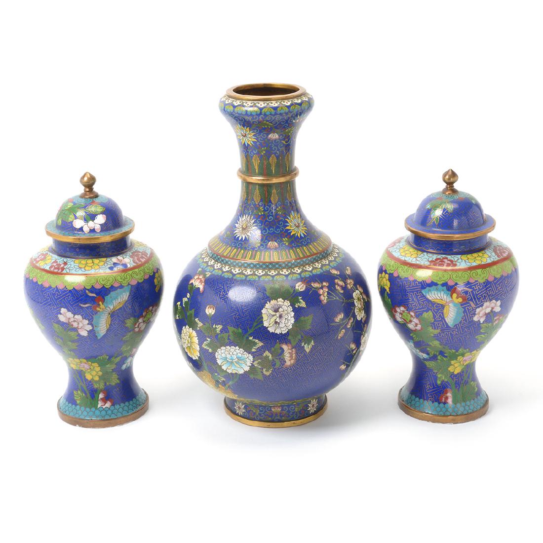 Three Cloisonne Enamel Blue Ground Vessels (1 of 9)