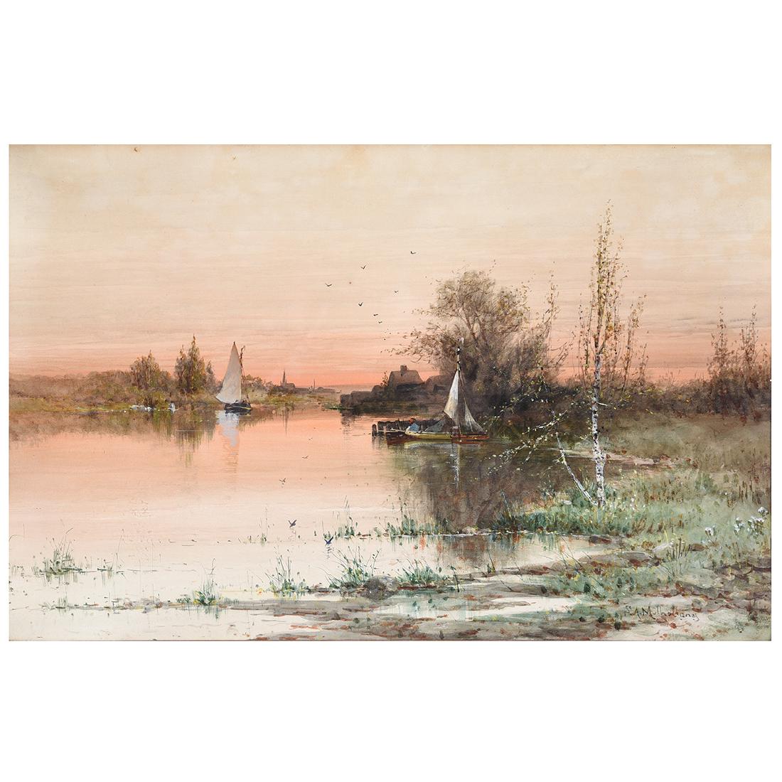 Samuel A. Mulholland "Pond with Boat" watercolor with (1 of 5)
