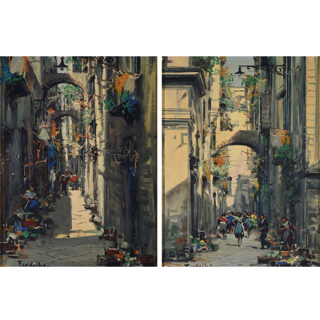 Mario Ferdelba pair of Neopolitan landscape, framed: MARIO FERDELBA (European 20th century) "Italian Alley Scene" and "Italian Archway" Oil on board. Both measure: 16 x 12 inches; Frame: 22 1/2 x 18 1/2 inches. Both are signed lower left: Ferdelba
