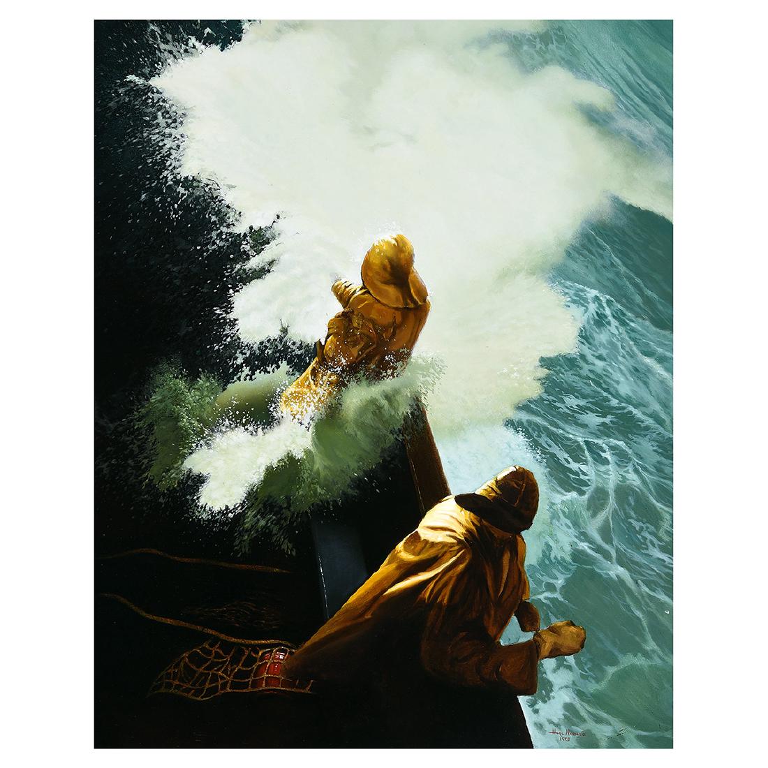 Harl Nobles "Caught in the Storm" oil on masonite: HARL NOBLES (American 20th century) "Caught in the Storm" Oil on masonite. 30 x 24 inches; Frame: 41 1/8 x 35 1/8 inches. Signed and dated lower right: Harl Nobles 1975.