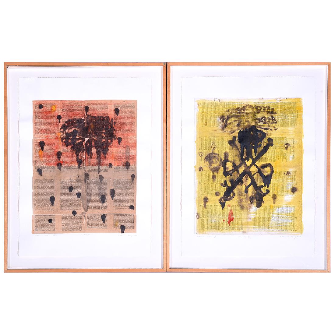 Framed Mixed Media on Paper, "Burning Icons V SF Feb: DIRK DE BRUYCKER (Belgian 1955-2015) "Burning Icons V" and "Burning Icons XXIII" Mixed media on vintage book pages. Both measure: sheet: 29 3/4 x 21 3/4 inches; frame: 34 3/4 x 27 inches. Pencil signe