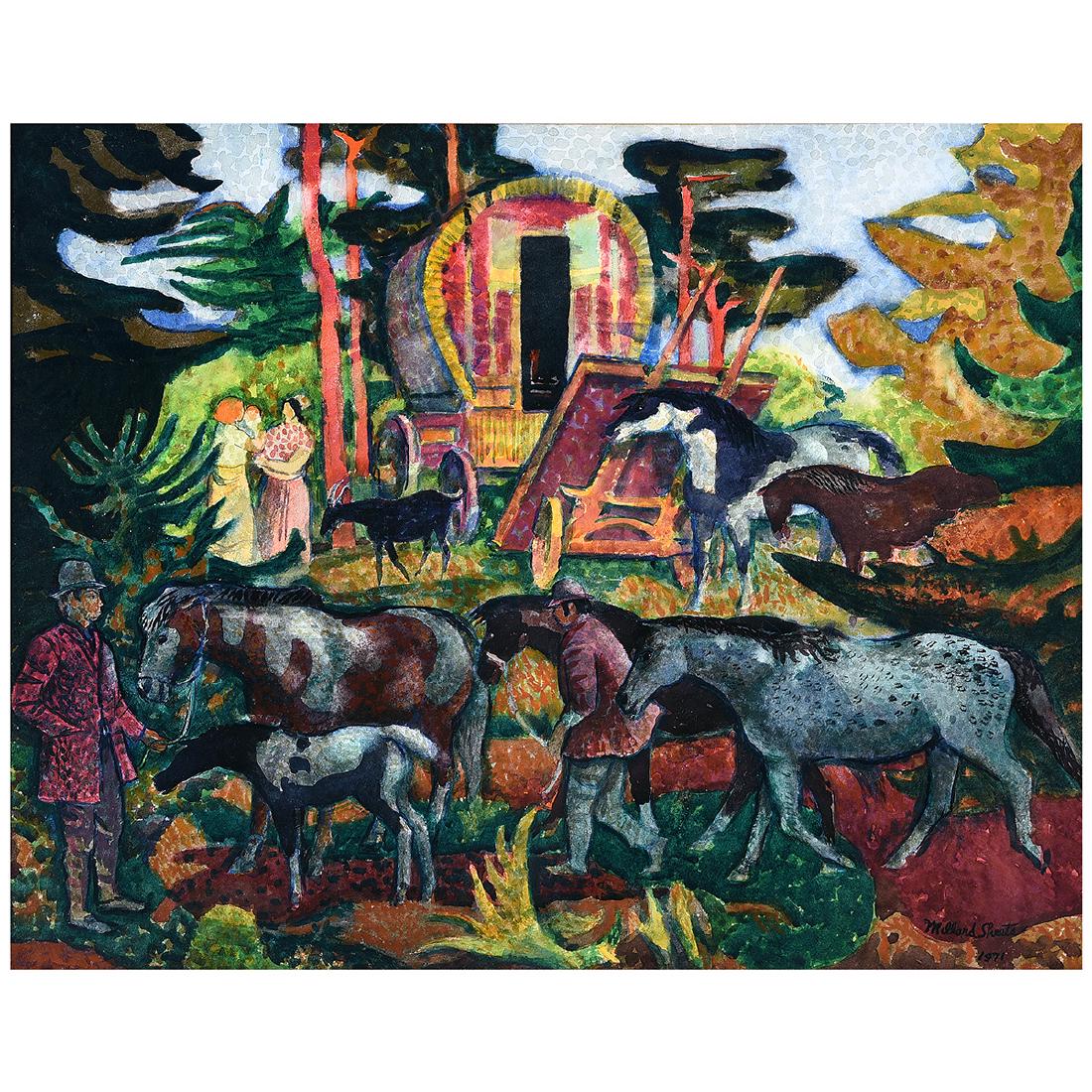 Millard Sheets "Irish Gypsies" watercolor and gouache: MILLARD SHEETS (Californian 1907-1989) "Irish Gypsies" Watercolor and gouache. Sight: 21 1/2 x 27 inches; Frame: 32 x 37 5/8 inches. Signed and dated lower right: Millard Sheets 1971. Provenance: Dalz