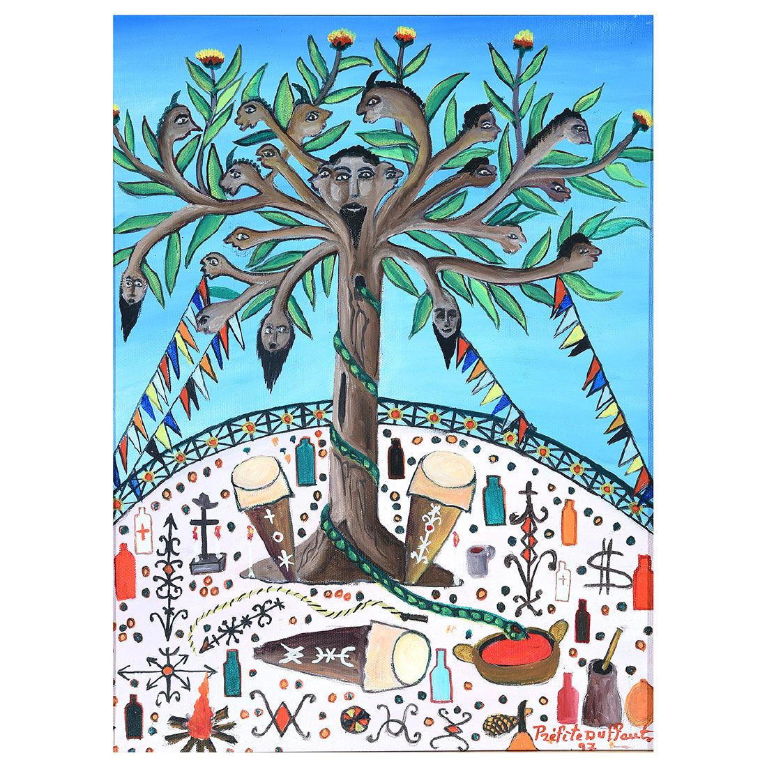 Prefete Duffaut "Untitled" oil on canvas, Haitian Art: PREFETE DUFFAUT (Haitian 1923-2012) "Untitled" Oil on canvas. 16 x 12 inches; Frame: 19 3/4 x 15 3/4 inches. Signed and dated lower right: Prefete Duffaut '97. Signed and dated verso Prefete Duffaut '