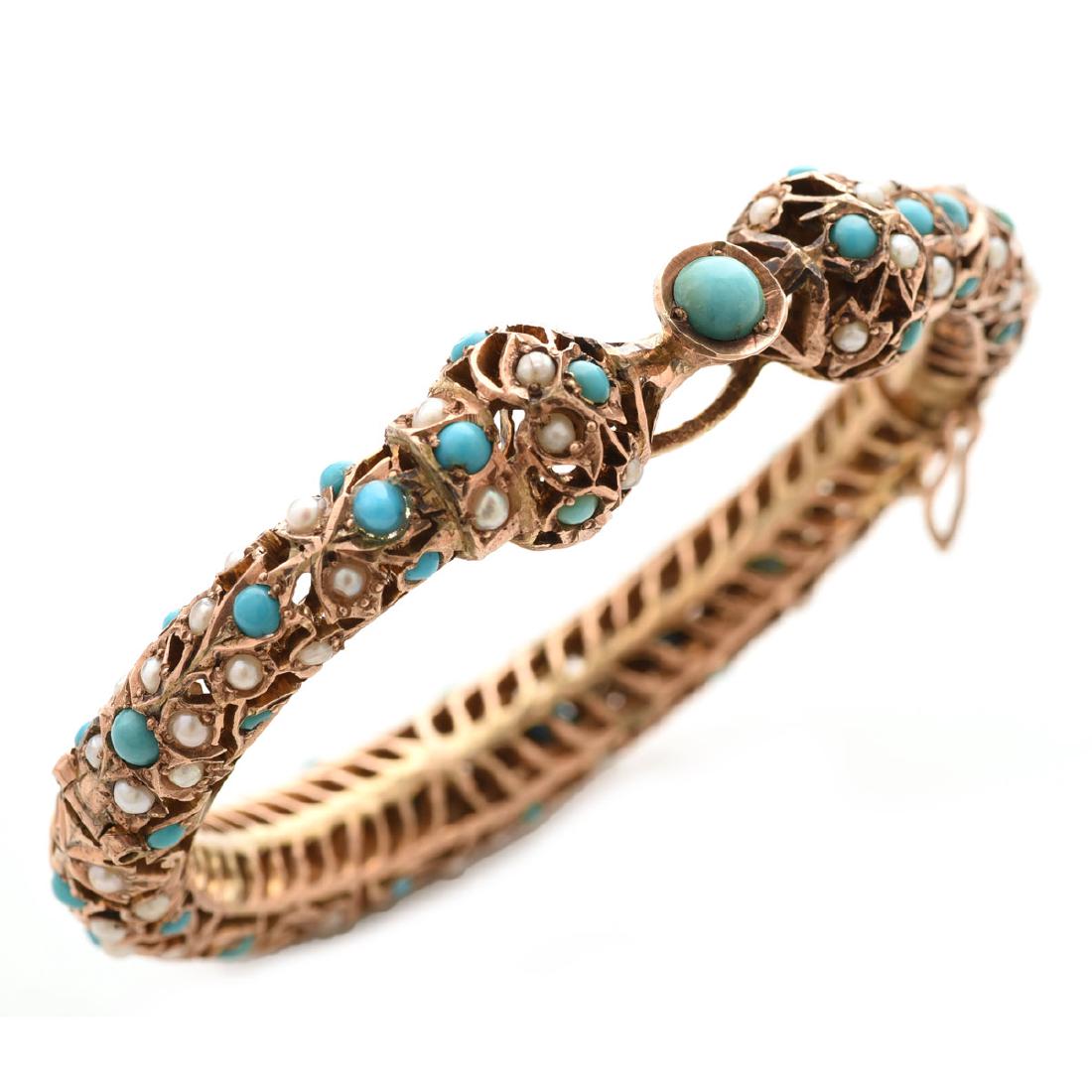 Victorian Turquoise, Pearl, 10k Rose Gold Bracelet. (1 of 4)