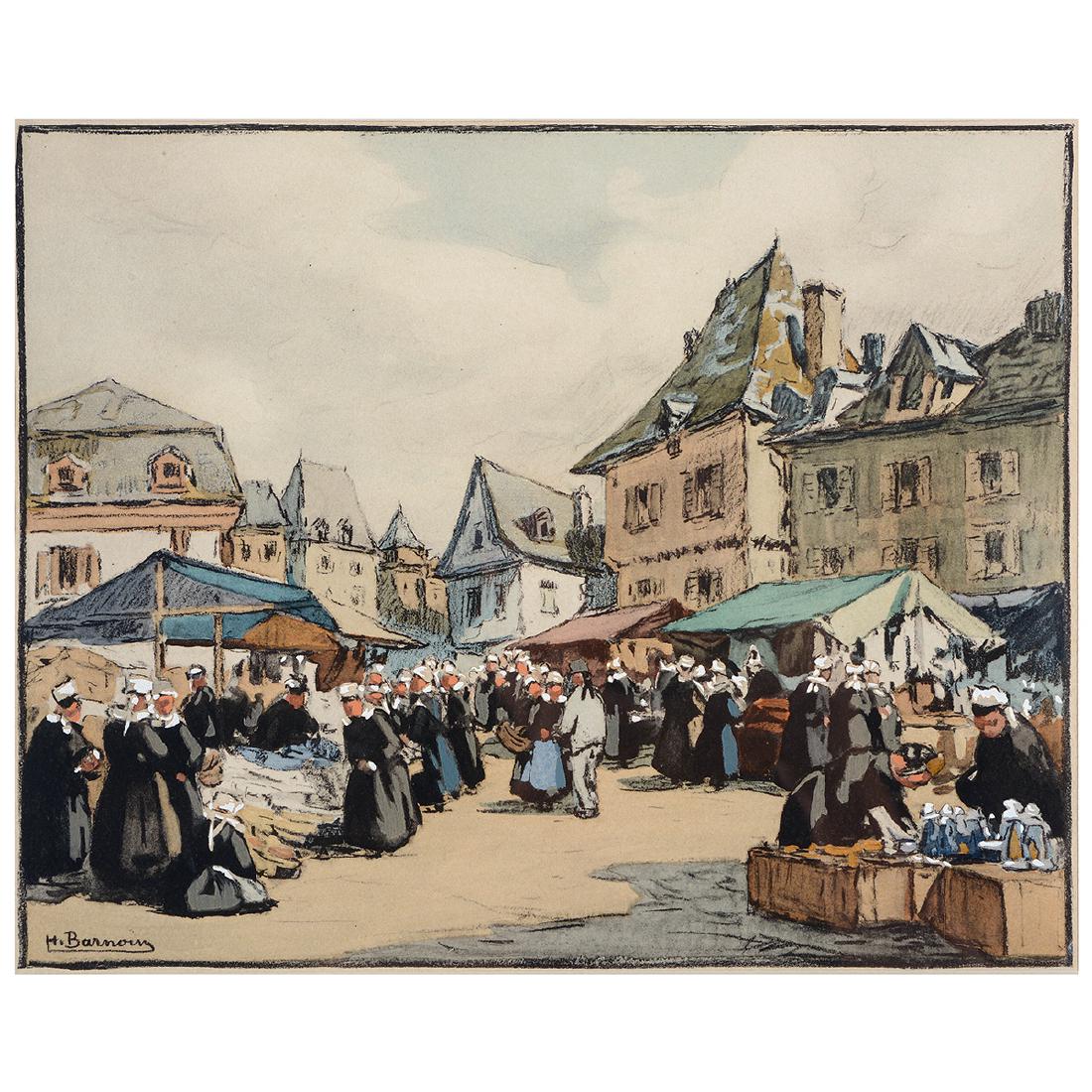 Henri Barnoin "Market Scene" watercolor and gouache (1 of 4)