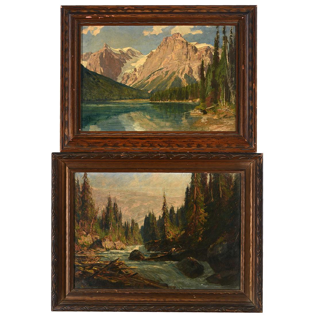 Franz Biberstein "Mountain Landscape" and "Rushing: FRANZ BIBERSTEIN (Swiss / American 1850-1930) "Mountain Landscape" and "Rushing River" Oil on board. Oil on canvas. 10 3/4 x 15 1/2 inches; Frame: 14 3/8 x 19 1/4 inches. 12 x 17 1/4 inches; Frame: 15