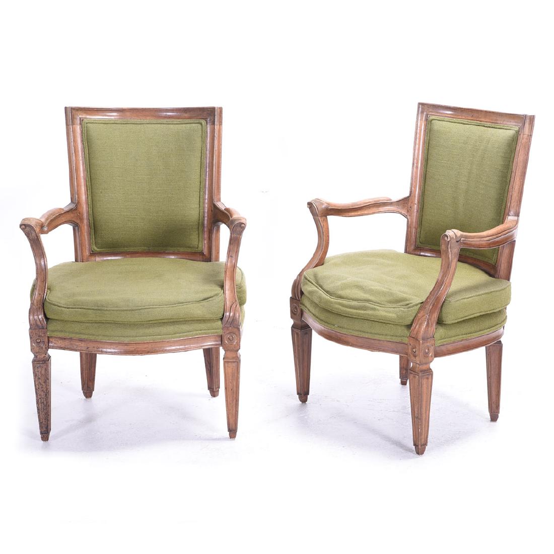 Pair French Provincial Walnut Fauteuils, with Green (1 of 4)
