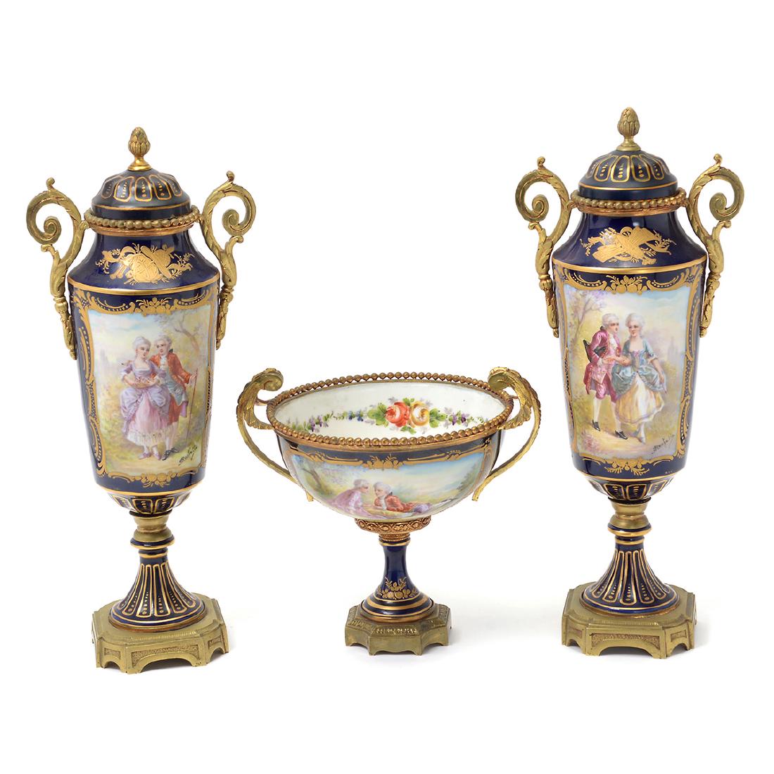 Sevres Style Cobalt Blue Porcelain Three Piece (1 of 10)