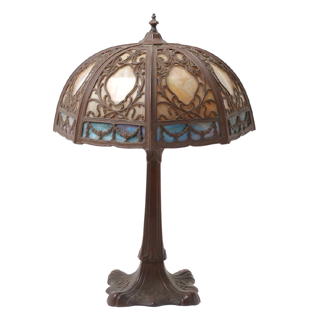 Arts and Crafts Style Metal Table Lamp with Slag Glass (1 of 6)
