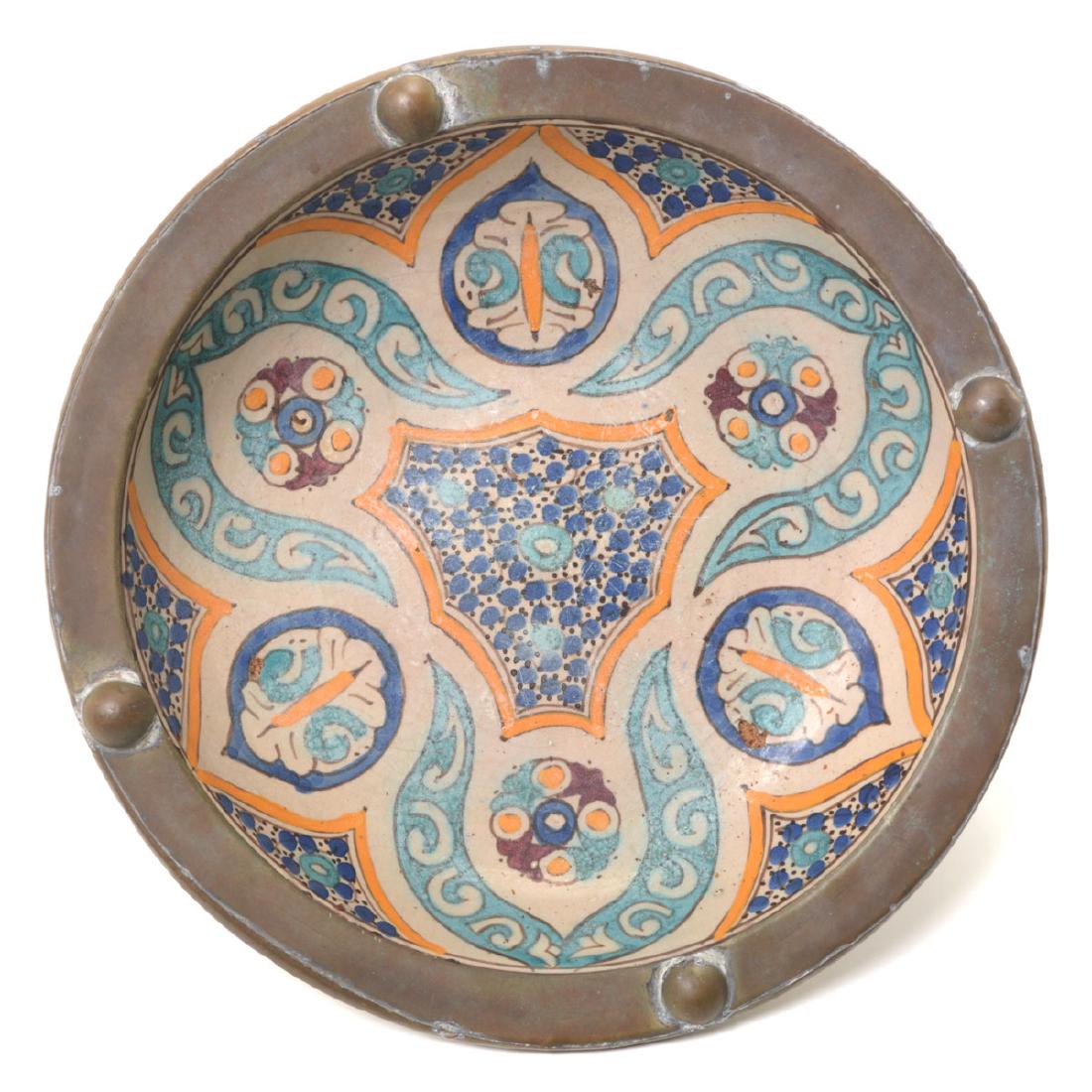 Copper Mounted Talavera Faience Bowl: Copper Mounted Talavera Faience Bowl {Height 3 1/2 inches, diameter 13 1/2 inches} [light scratching to interior design]