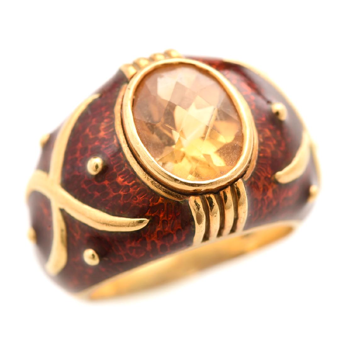 Citrine, Guilloche Enamel, 18k Yellow Gold Ring. (1 of 4)