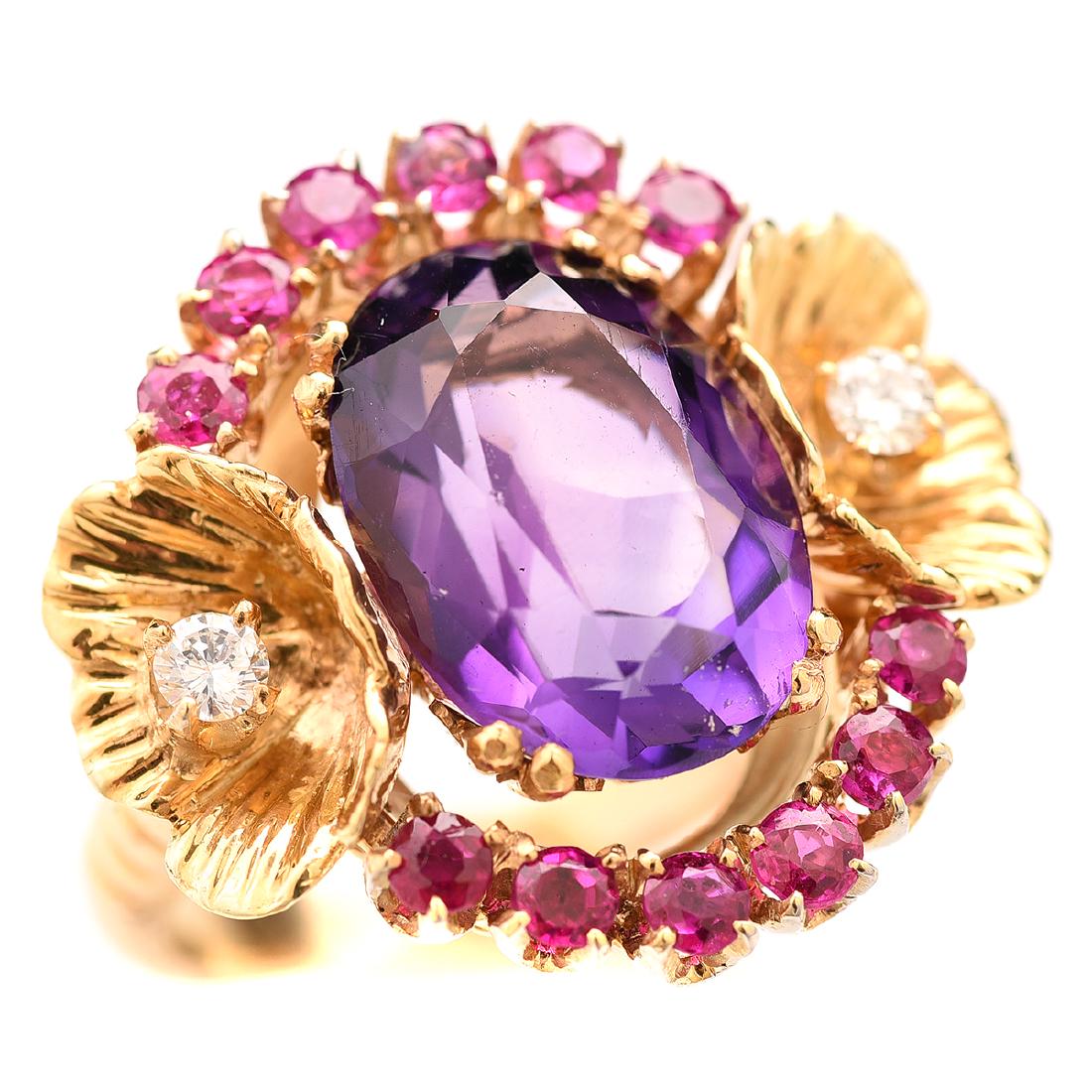 Amethyst, Ruby, Diamond, 14k Ring. (1 of 4)
