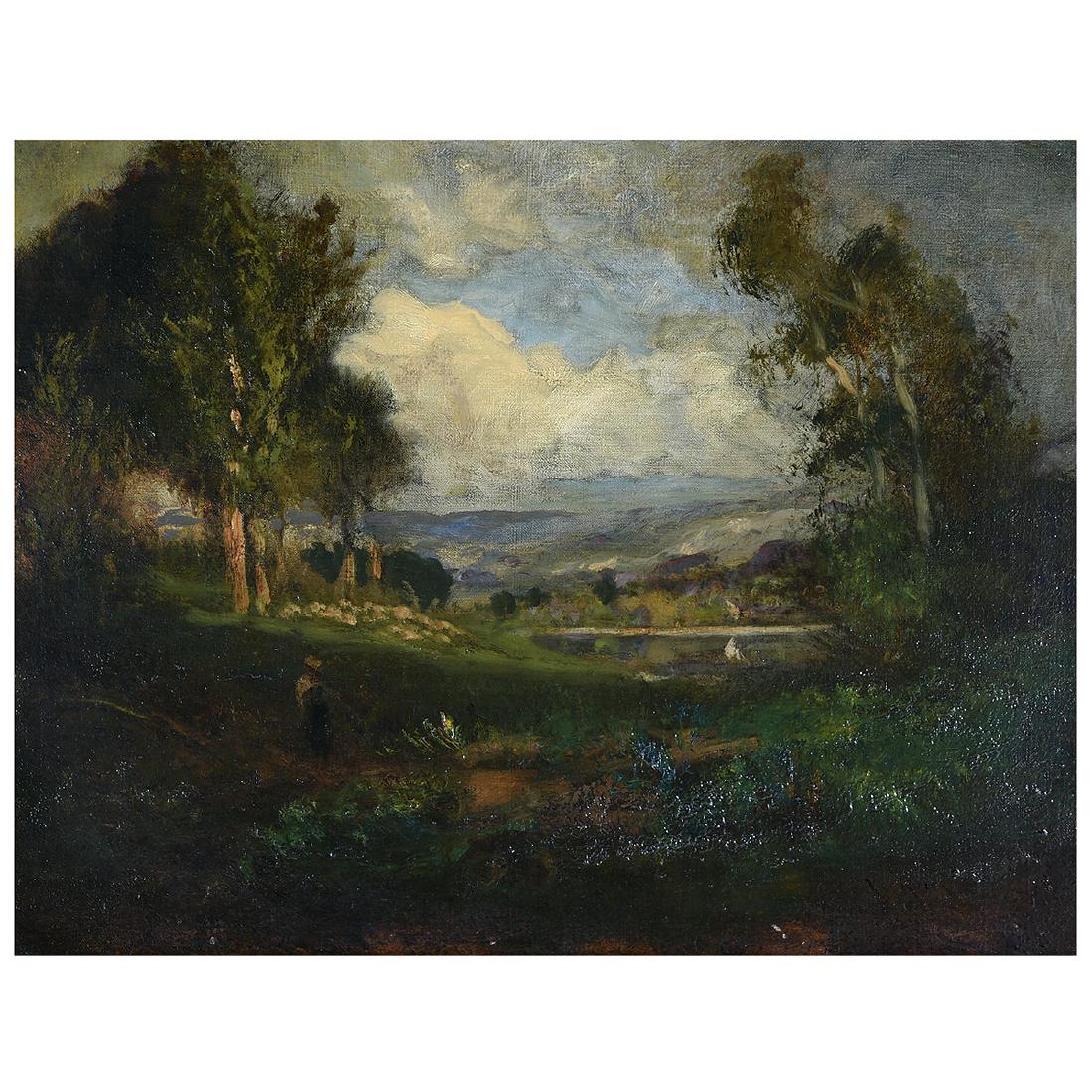 William Keith "Landscape with Lake" oil on canvas,: WILLIAM KEITH (Californian 1838-1911) "Landscape with Lake" Oil on canvas. 16 1/2 x 21 inches. Signed lower right: W. Keith. This work including a copy of a 1986 insurance appraisal done by Maxwell Ga