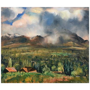 Rinaldo Cuneo "Rainstorm Utah" oil on canvas: RINALDO (RICHARD) CUNEO (American 1877-1939) "Rainstorm Utah" Oil on canvas. 20 x 24 1/8 inches; Frame: 22 3/4 x 26 5/8 inches. Signed lower right: Rinaldo Cuneo; titled along the upper stretcher bar: