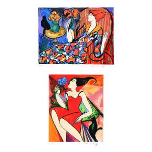 Linda Le Kinff "Carmen" and "Seated Woman" two Signed: LINDA LE KINFF (French b. 1949) "Carmen" and "Seated Woman" Serigraph. Sight: 11 1/8 x 9 inches; Frame: 20 5/8 x 18 1/2 inches. Sight: 12 x 15 1/2 inches; Frame: 22 5/8 x 26 inches. Signed lower right