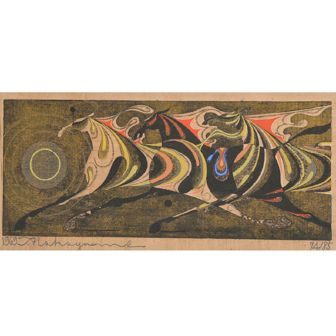 Framed Mixed Media Woodblock Print, Three Stylized (1 of 6)