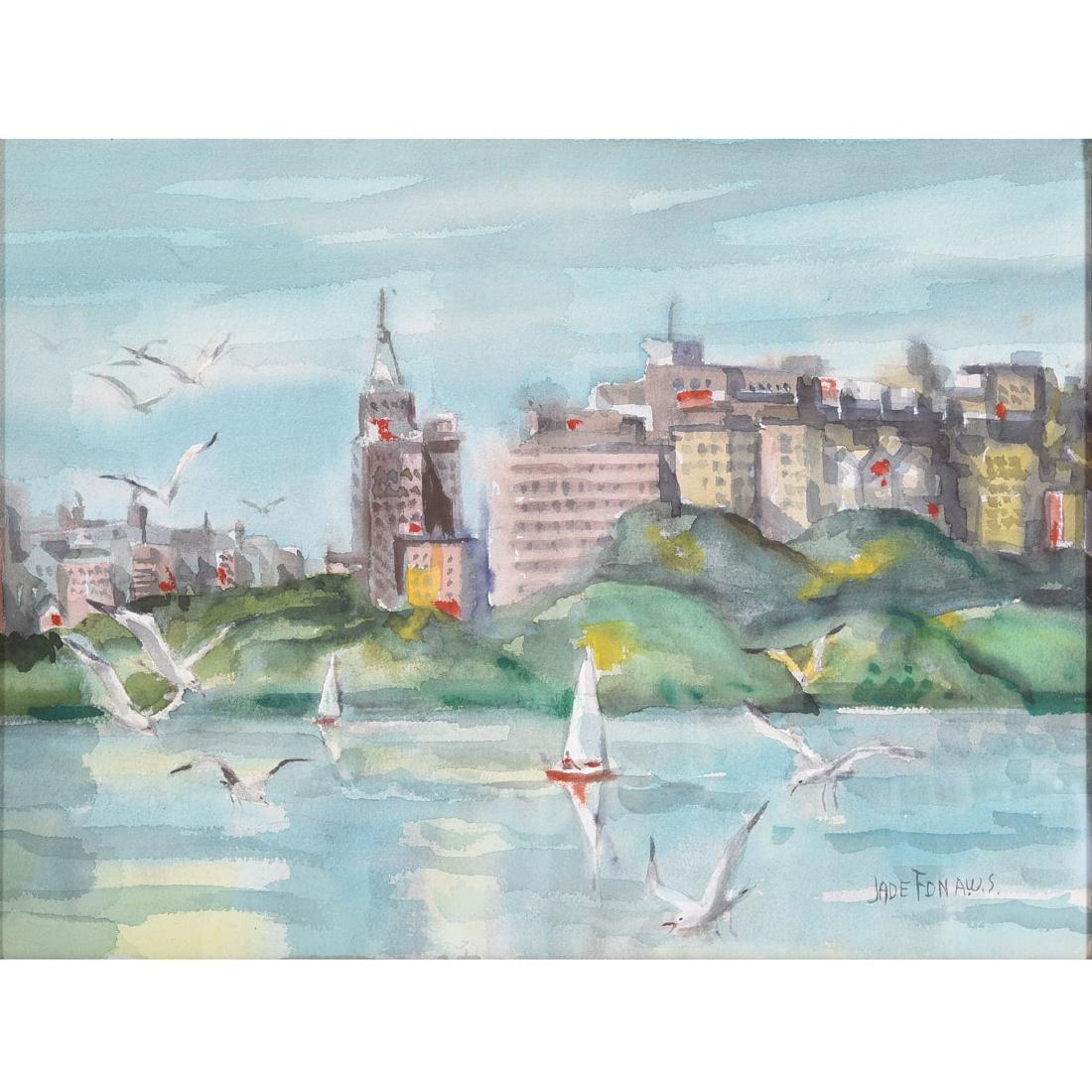 Jade Fon "Lake Merritt, Oakland" watercolor: JADE FON (Californian 1911-1983) "Lake Meritt, Oakland" Watercolor. Sight: 15 x 19 1/2 inches; Frame: 25 1/4 x 30 1/4 inches. Signed lower right: Jade Fon AWS.