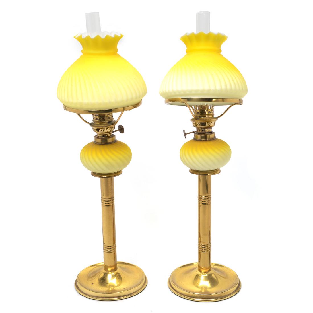Pair of English Brass and Satin Glass Fluid Lamps, Now (1 of 7)