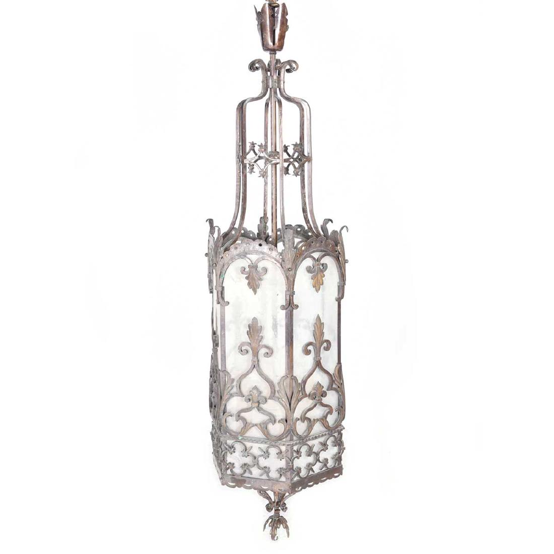 Art Deco Wrought Iron and Glass Lantern Form Chandelier (1 of 4)