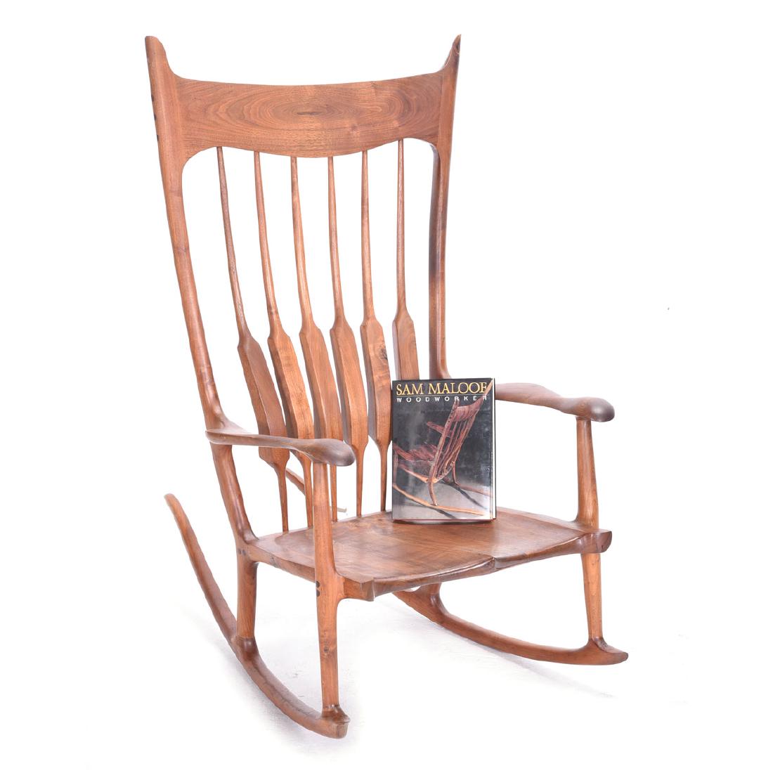 Mid Century Rocking Chair in the Style of Sam Maloof: Mid Century Rocking Chair in the Style of Sam Maloof Including a book entitled "Sam Maloof Woodworker" {Dimensions 52 1/4 x 29 1/2 x 46 inches}