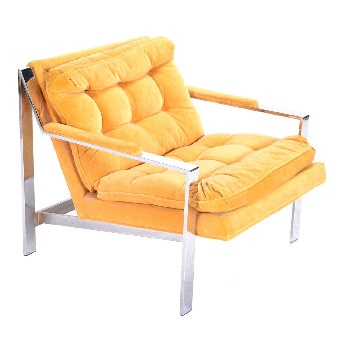 Cy Mann Polished Chrome Flat Bar Lounge Chair in the: Cy Mann Polished Chrome Flat Bar Lounge Chair in the Milo Baughman Style Upholstered in gold with tufted cushions. {Dimensions 27 x 29 1/2 x 31 1/2 inches}