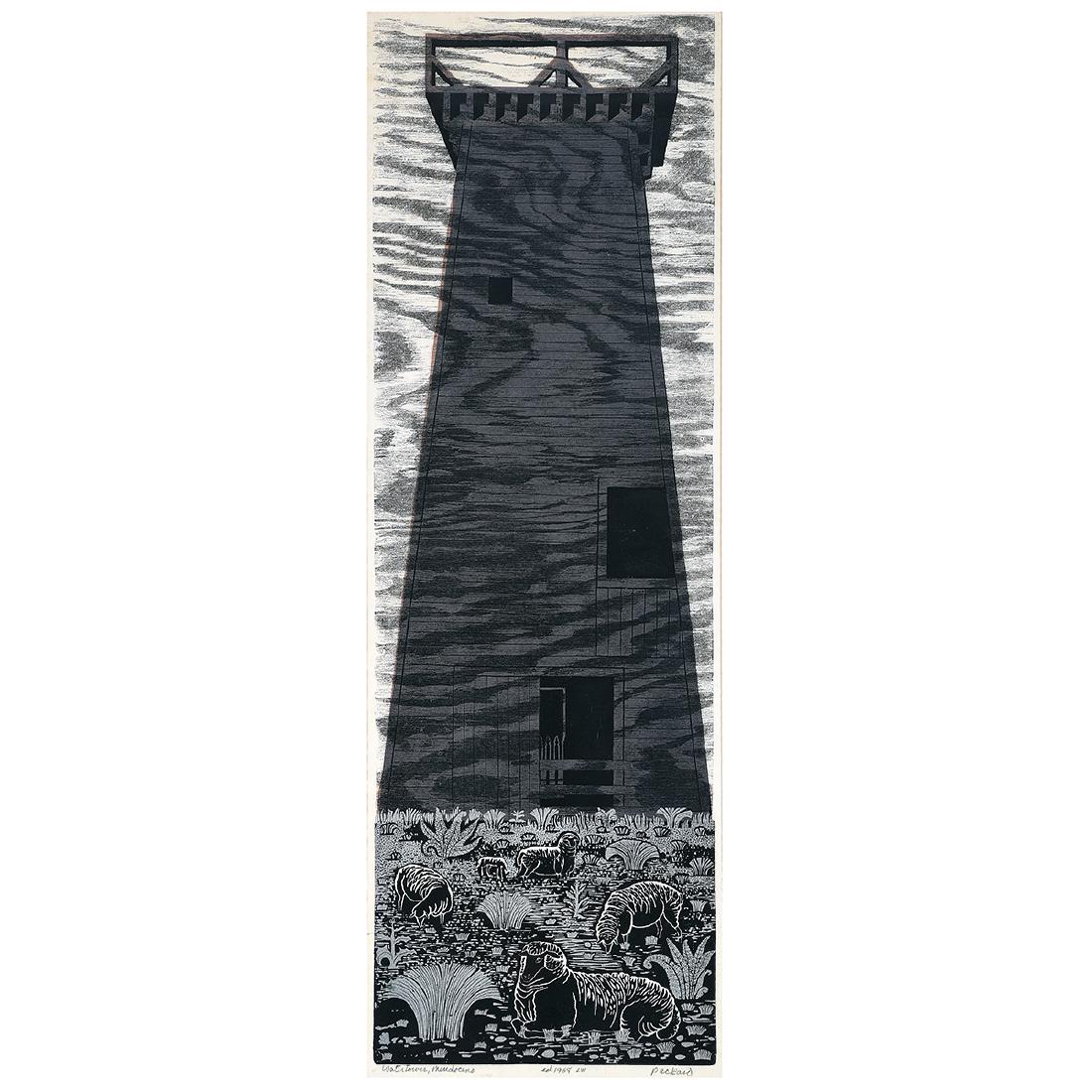 Emmy Lou Packard "Water Tower, Mendocino" woodblock: EMMY LOU PACKARD (American 1914-1998) "Water Tower, Mendocino" Woodblock. Sight: 37 3/4 x 11 5/8 inches; Frame: 45 1/4 x 18 3/4 inches. Pencil signed lower right: Packard, dated lower center: ed 1968 