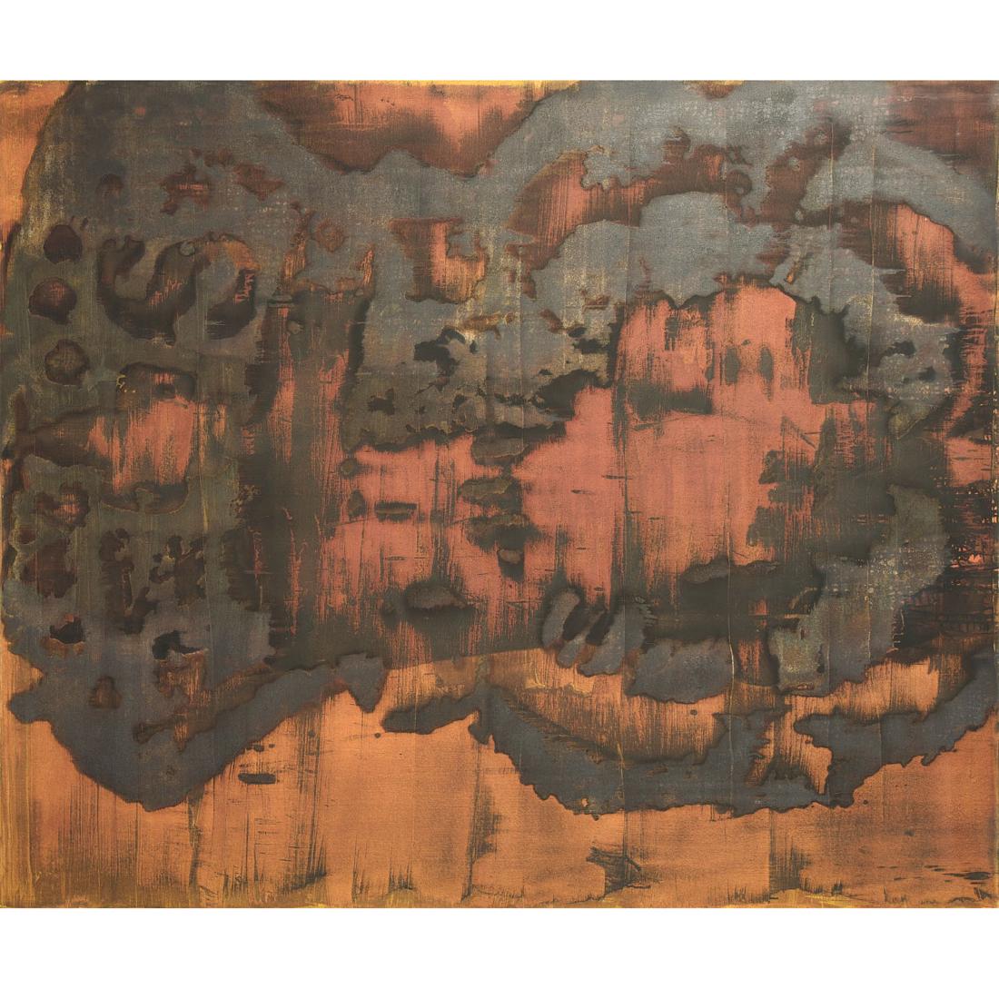 Unframed Mixed Media on Canvas, Abstract in Black and: DIRK DE BRUYCKER (Dutch / American 1955-2015) "Bleeding Icon III" Asphalt, gesso and oil on canvas. 72 x 66 inches. Signed, titled, dated verso: Dirk de Bruycker, "Bleeding Icon III" 1996.
