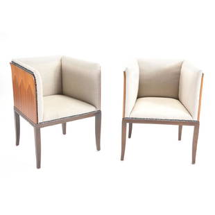 Eliel Saarinen, Pair of Upholstered Armchairs: Eliel Saarinen, Pair of Upholstered Armchairs. Outer sides inlaid with stylized linen fold design; inner aspect upholstered in white linen, with nailheads. {Dimensions 31 1/2 x 24 1/2 x 22 inches}