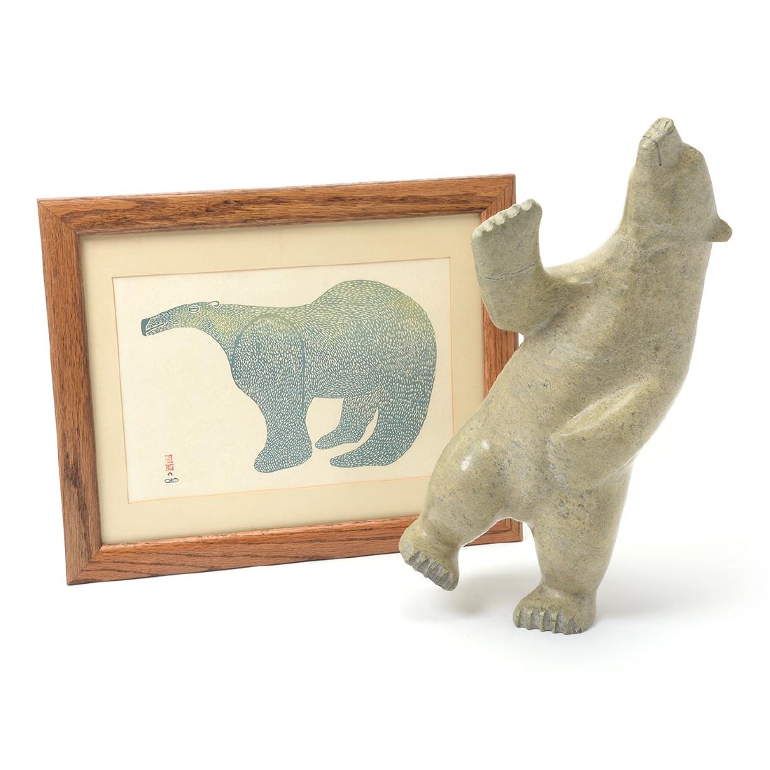 Woodblock inuit print and soapstone sculpture of bear (1 of 8)
