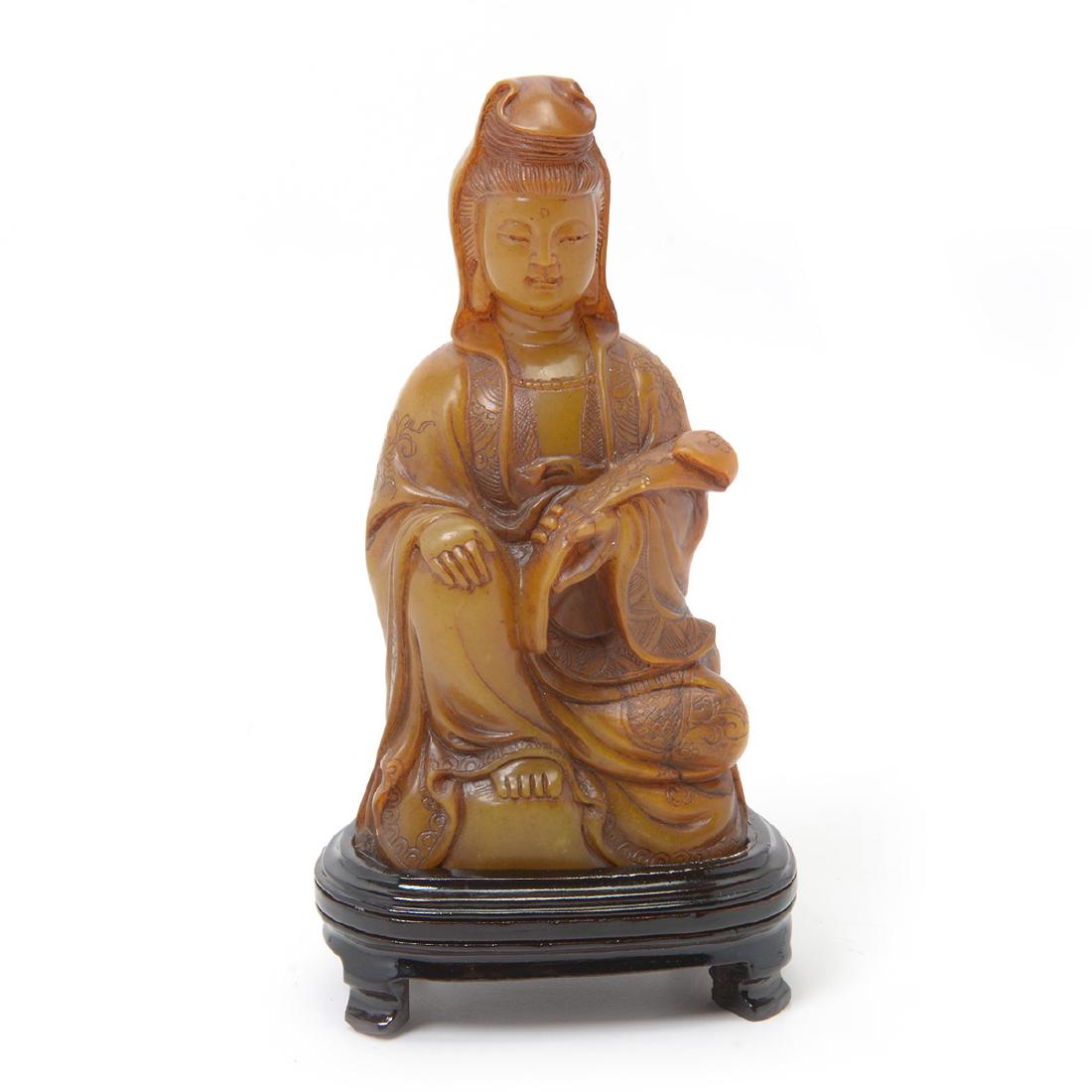 Soapstone Figure of Guanyin, 20th Century: Soapstone Figure of Guanyin Depicted wearing elaborate robes and holding a ruyi scepter. 20th Century {Height: 6 1/4 inches (15.8 cm)} [Some wear, small chips]