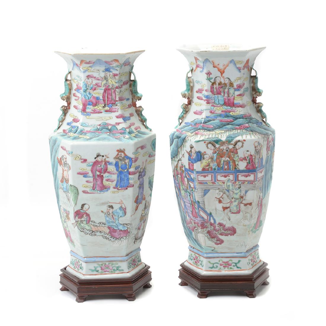 Pair of Famile Rose Hexagonal Figural Vases (1 of 5)