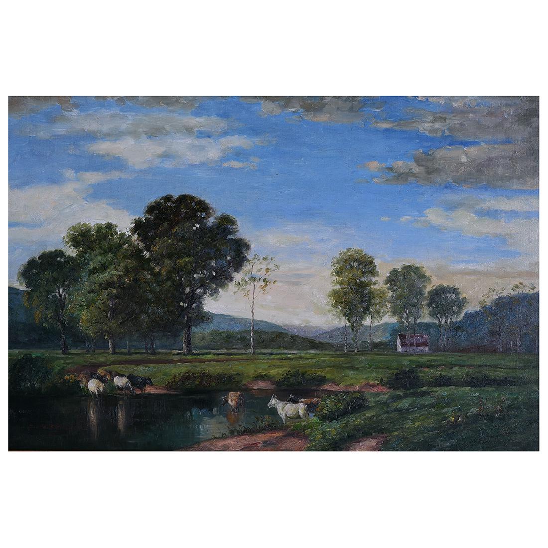 Continental School "Cows in the Pond" oil on canvas (1 of 5)