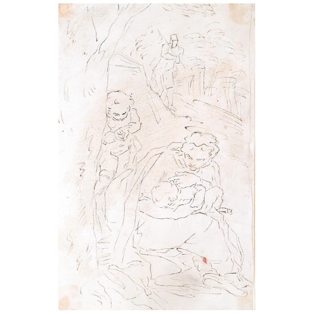 Italian School "Mother and Child in Forest" ink on (1 of 5)