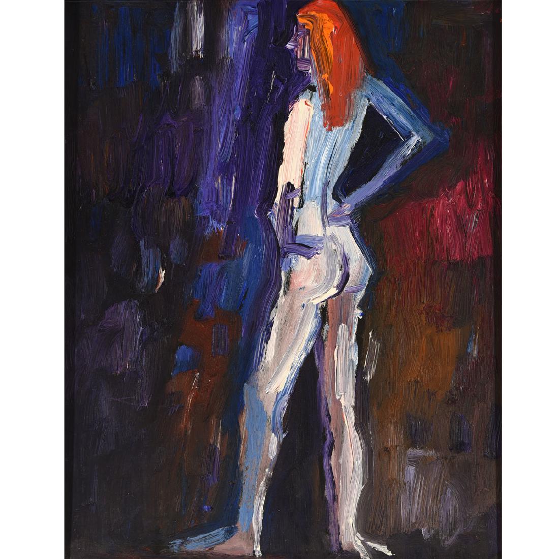 Lundy Siegriest "Standing Figure" oil on board: LUNDY SIEGRIEST (Californian 1925-1985) "Standing Figure" Oil on board. 14 x 11 inches; Frame: 17 x 14 inches. Estate stamped verso: From the estate of Lundy Siegriest; label verso lower left corner: 