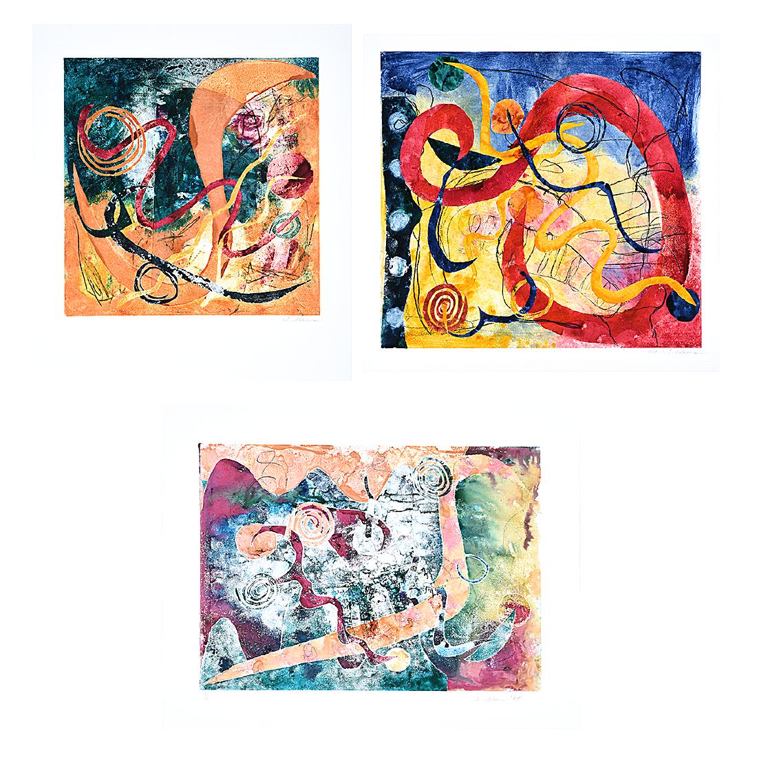 Tracey Adams "No.4", "No. 6" and "No. 7" monotype: TRACEY ADAMS (American 20th century) "No.4", "No. 6" and "No. 7" Monotype. Sight: 20 7/8 x 26 3/4 inches; Frame: 27 3/4 x 33 7/8 inches. Sight: 27 1/4 x 28 1/4 inches; Frame: 35 1/2 x 35 3/4 inches. S