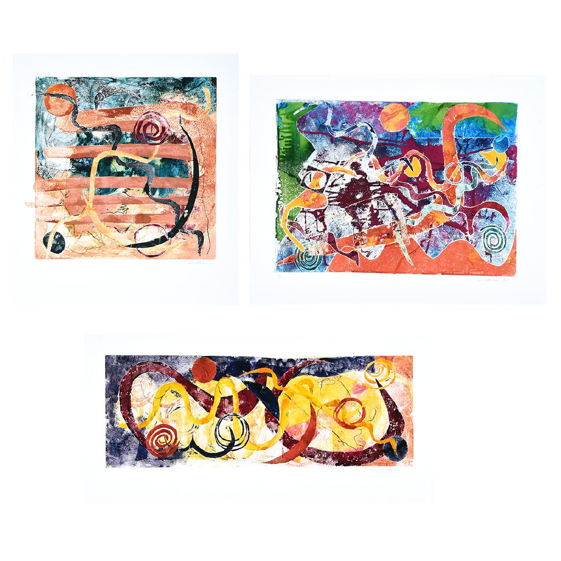 Tracey Adams "No. 5", "No. 8" and "No. 3" monotype: TRACEY ADAMS (American 20th century) "No. 5", "No. 8" and "No. 3" Monotype. Sight: 20 3/4 x 26 3/4 inches; Frame: 27 3/4 x 34 inches. Sight: 21 3/4 x 19 5/8 inches; Frame: 30 x 26 3/4 inches. Sight: 1