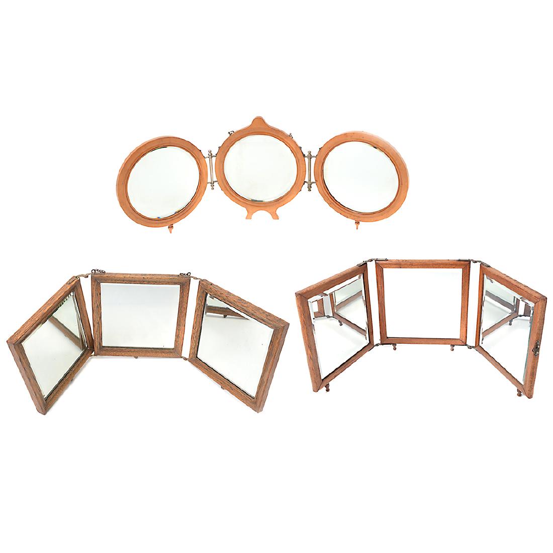 Three Three-Part Victorian Dressing Table Mirrors: Three Tri-Part Victorian Dressing Table Mirrors With hinged sides and wooden frames. {Dimensions of largest, height 9 1/2, length 29 inches}