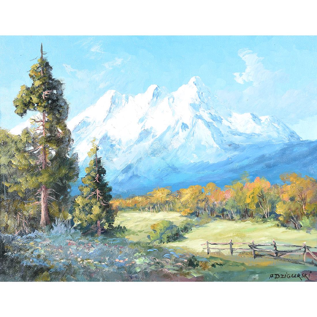Alexander Dzigurski "San Juan Mountain, Colo" oil on: ALEXANDER DZIGURSKI (Californian 1911-1995) "San Juan Mountain, Colo" Oil on canvas. 16 x 20 1/4 inches; Frame: 23 5/8 x 27 1/2 inches. Signed lower right: A. Dzigurski; titled verso along the top str