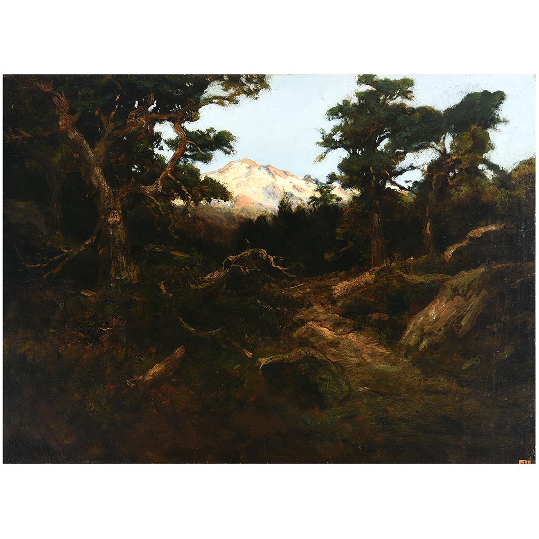 William Keith "Mountain Landscape" oil on canvas: WILLIAM KEITH (Californian 1838-1911) "Landscape" Oil on canvas. 29 1/4 x 39 inches. Signed lower left: W. Keith. Two labels in an envelope verso, one from the San Francisco Museum of Art with catalog